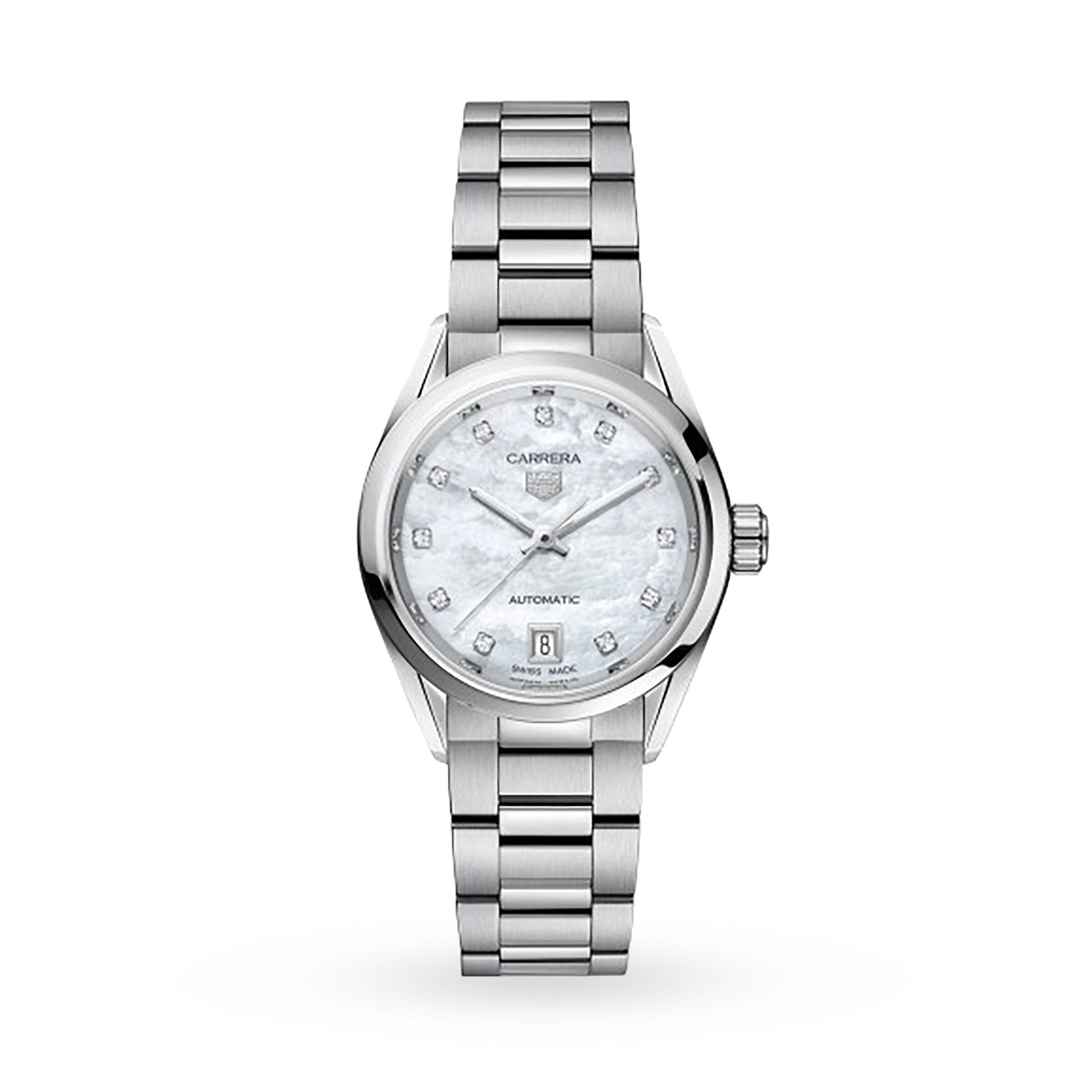 The TAG Heuer Carrera Date features a silver stainless steel case, a round mother-of-pearl dial with diamond hour markers, a date window at 6 o’clock, and a linked bracelet.