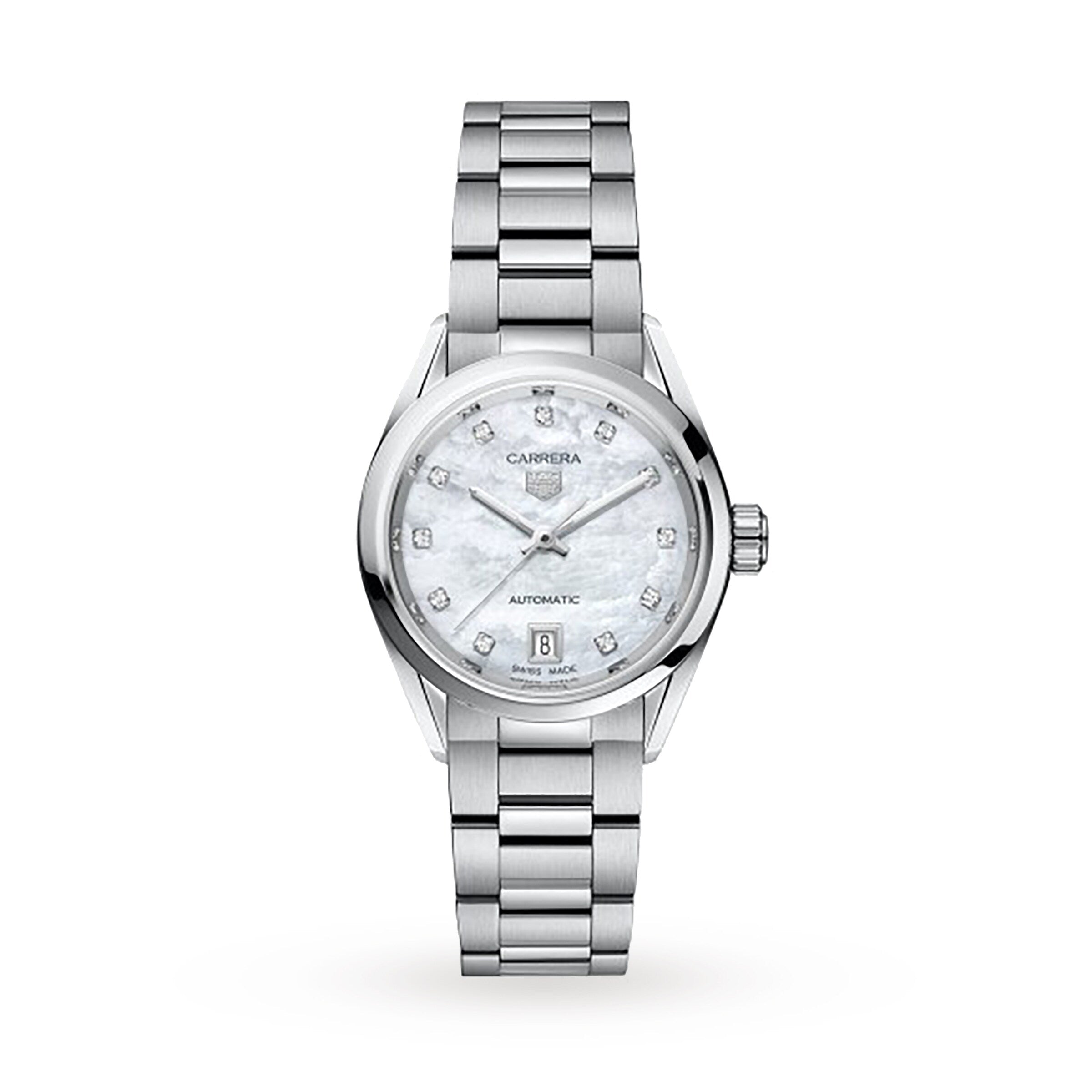 The TAG Heuer Carrera Date features a silver stainless steel case, a round mother-of-pearl dial with diamond hour markers, a date window at 6 o’clock, and a linked bracelet.