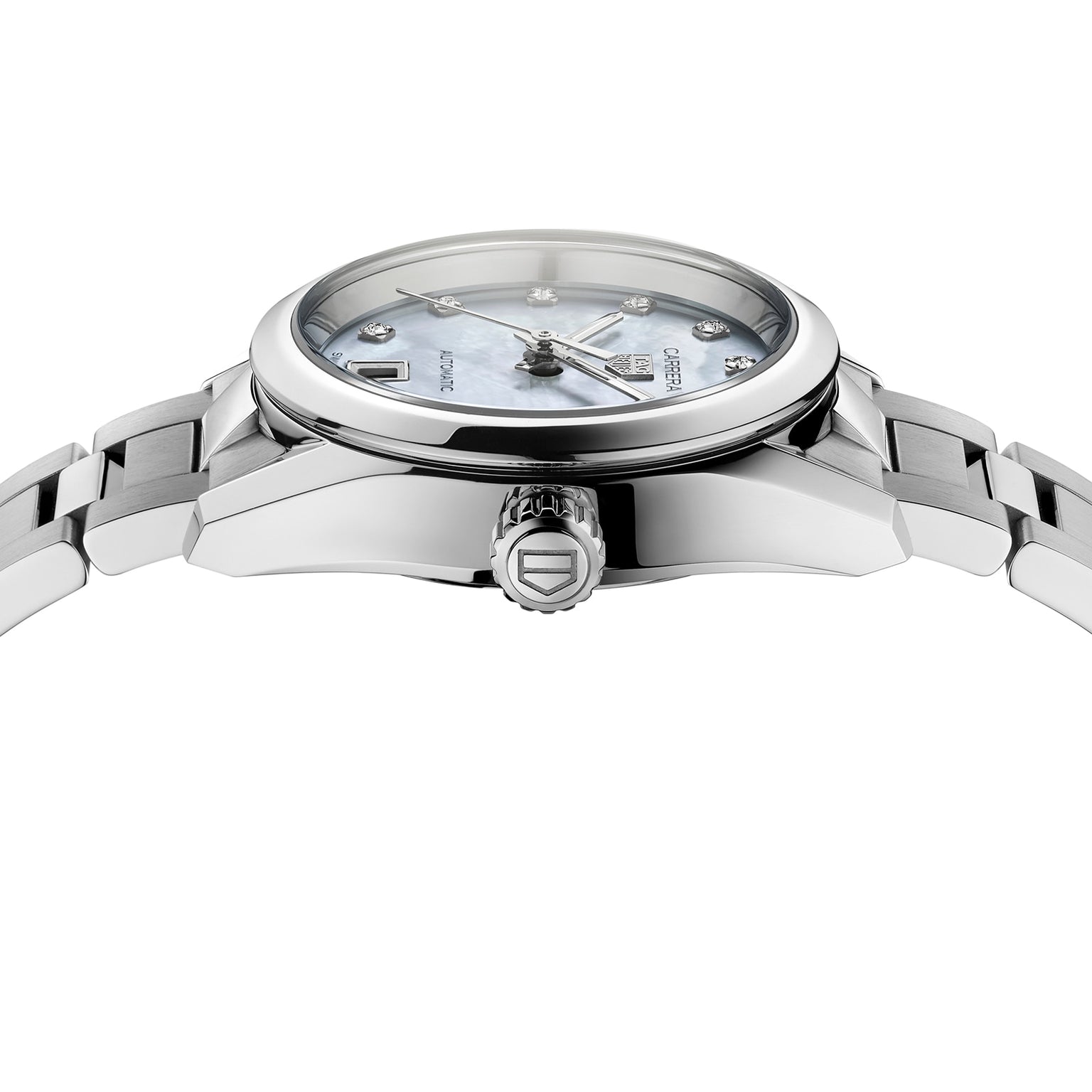 A close-up side view of the TAG Heuer Carrera Date wristwatch, featuring a light mother-of-pearl dial with diamond hour markers and a sleek stainless steel bracelet.