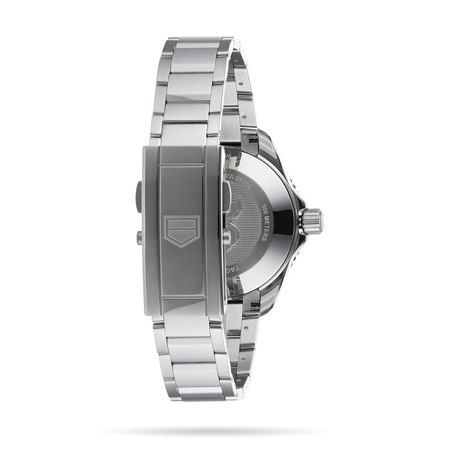 The TAG Heuer Aquaracer Professional 300 Date is shown from the back, emphasizing its stainless steel bracelet, clasp, and case back—an ideal companion for diving.
