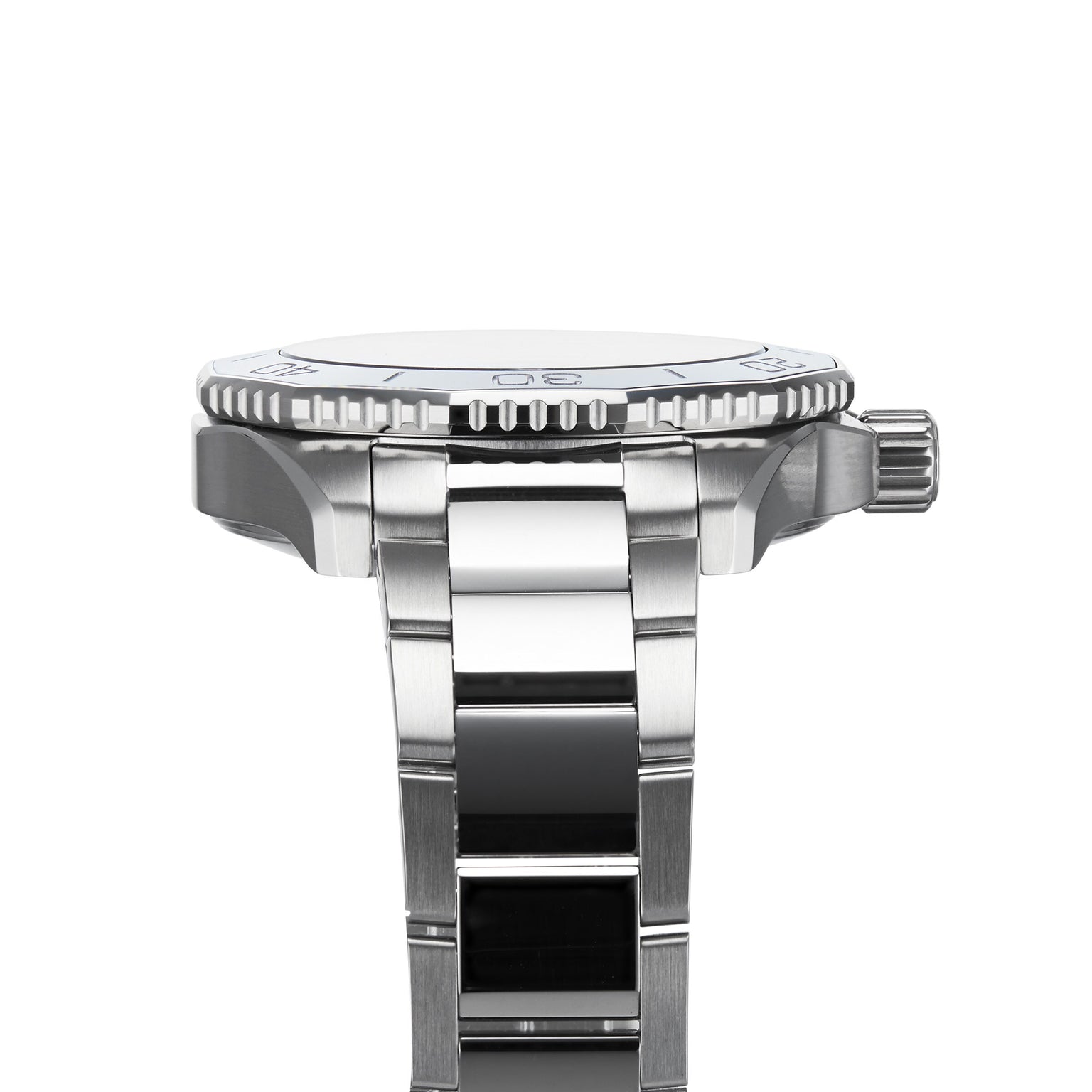 A close-up side view of the TAG Heuer Aquaracer Professional 300 Date in silver metal, highlighting the bezel, crown, and part of the bracelet against a white background.