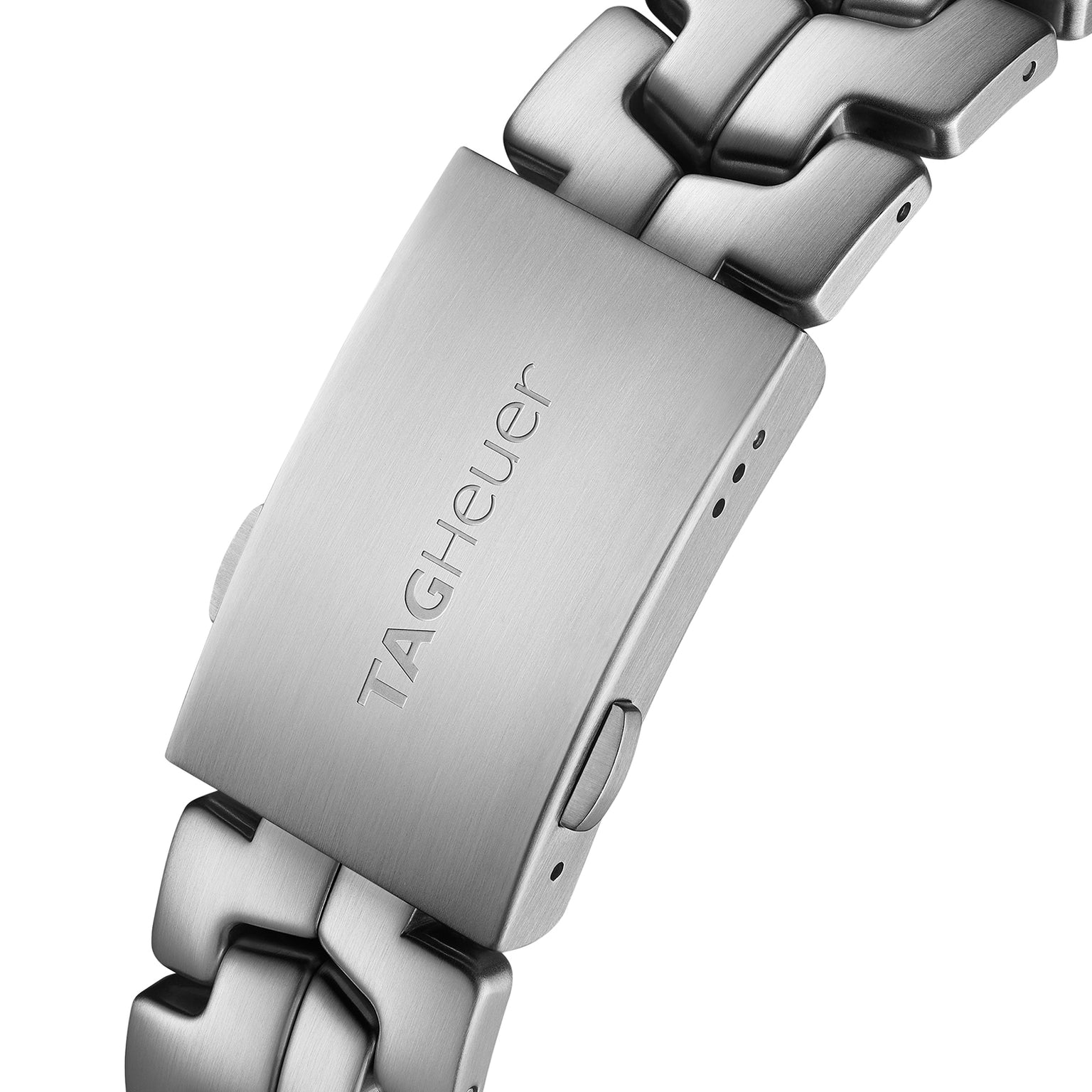 Close-up of the stainless steel clasp on the TAG Heuer Special Edition Formula 1 Senna watch, featuring the engraved brand name on brushed metal and highlighting this iconic timepieces precision craftsmanship.