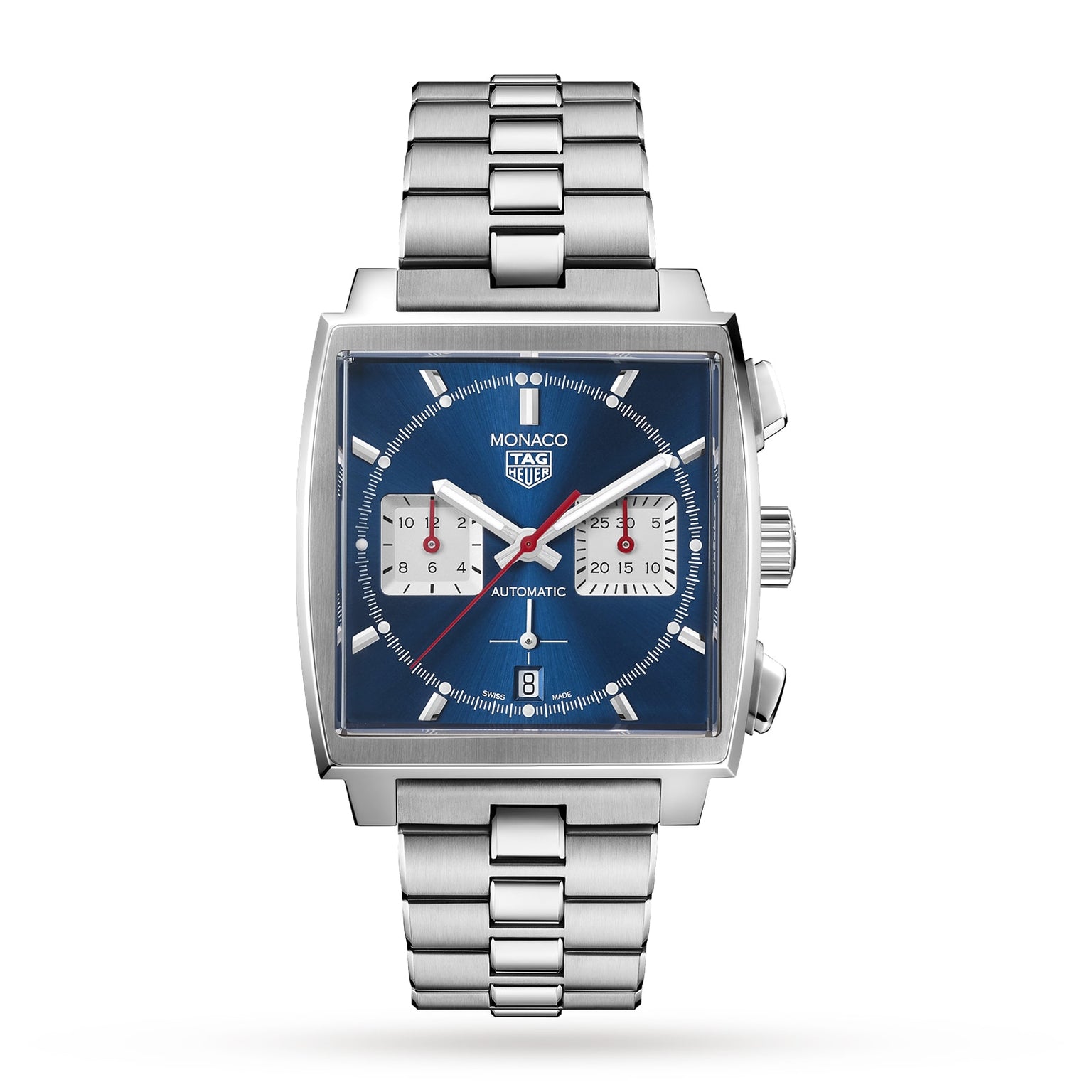 The TAG Heuer Monaco Chronograph features vintage styling with a blue square dial, two white subdials, a date window at 6 o’clock, and a silver metal bracelet.