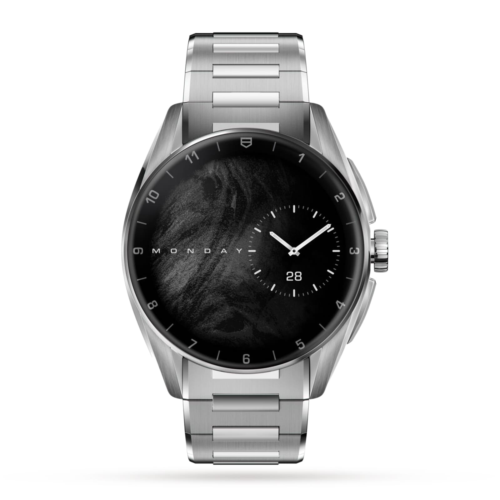 The TAG Heuer Connected Calibre E4 is a silver luxury smartwatch with a black marble face, showing Monday, the 28th, and a right-aligned analog subdial—an elegant showcase of cutting-edge technology.