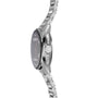 Profile view of the TAG Heuer Connected Calibre E4 luxury smartwatch with a silver metal band, side button, and digital display showing time and data, highlighting advanced technology.