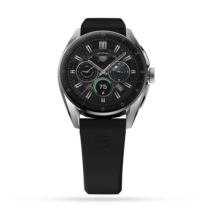 The TAG Heuer Connected Calibre E4 is a luxury smartwatch with a black and silver round digital display featuring multiple dials and an ergonomic rubber strap, shown on a white background.