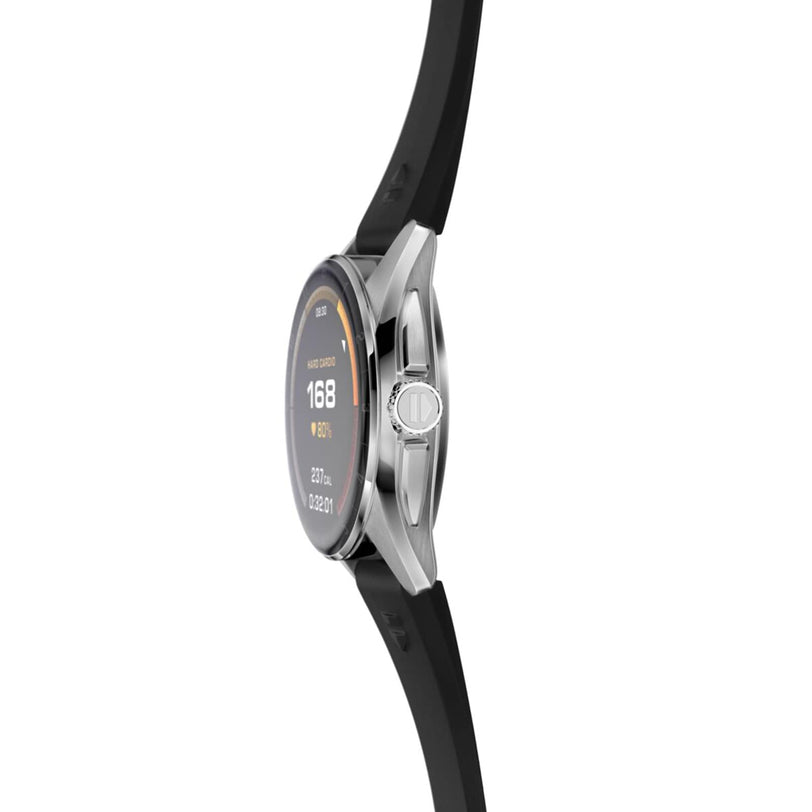 A side view of the TAG Heuer Connected Calibre E4 luxury smartwatch with a black ergonomic rubber strap, featuring a round silver digital screen that displays health data like heart rate and date.