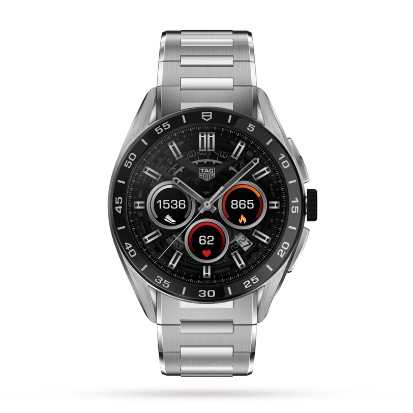 The TAG Heuer Connected Calibre E4 is a luxury smartwatch in silver, featuring an avant-garde design, black digital display for fitness metrics, and a sleek stainless steel bracelet.