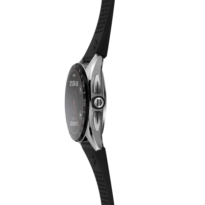 Side view of the TAG Heuer Connected Calibre E4 smartwatch featuring a round face, black perforated strap, and two side buttons, shown against a white background.