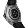 Close-up of the back of a TAG Heuer Connected Calibre E4 watch, featuring a black strap and visible sensor display.