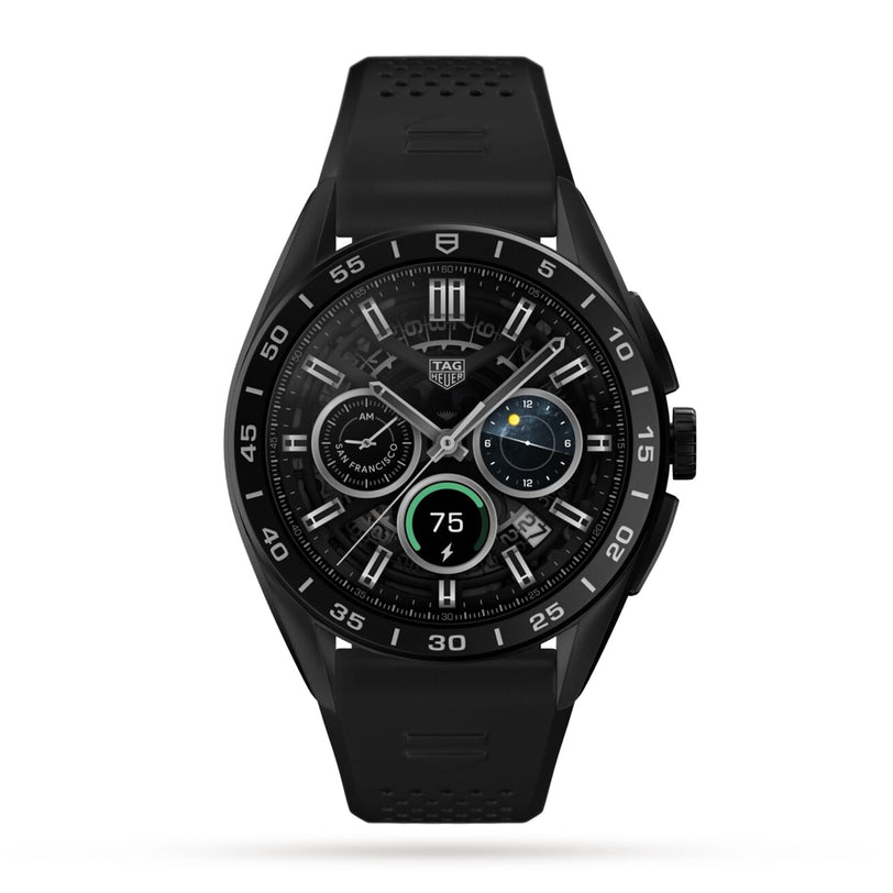 The TAG Heuer Connected Calibre E4 is a black smartwatch with a round digital display, titanium case, black bezel, and rubber strap—showing time, date, and health metrics for a luxury experience.