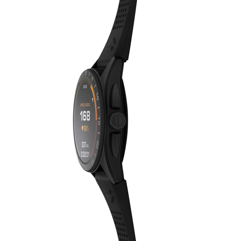 Side view of the TAG Heuer Connected Calibre E4 smartwatch with a titanium case, showing heart rate, calories burned, and elapsed time on its round display.