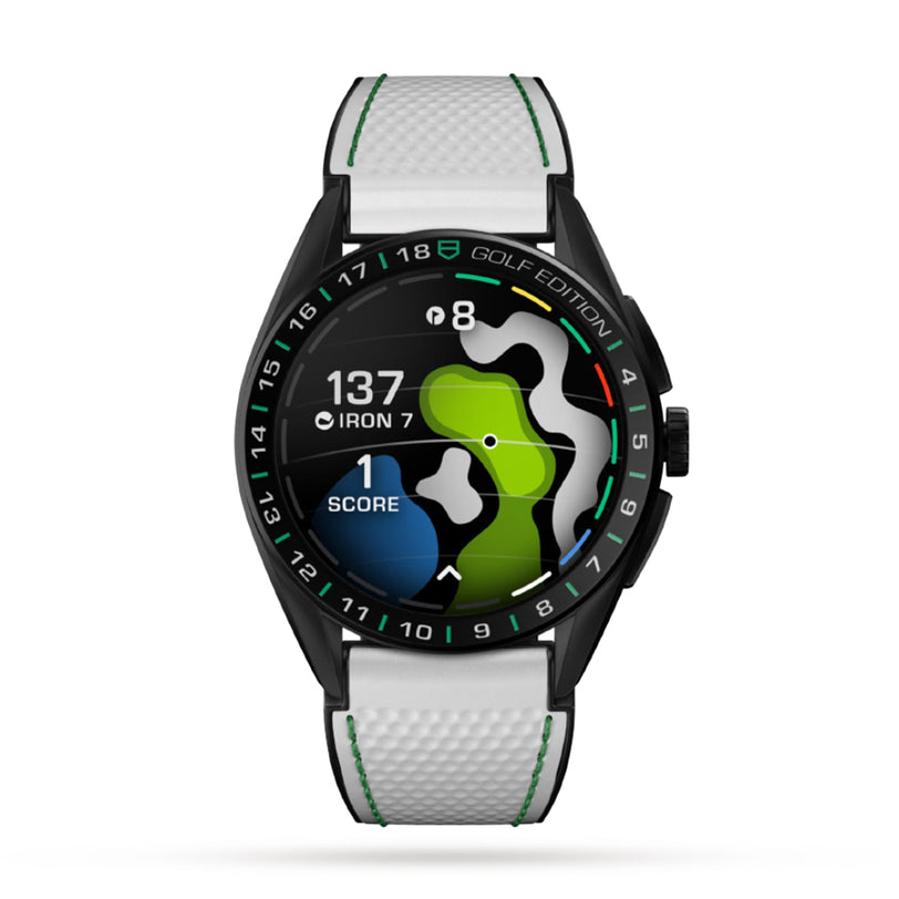 The TAG Heuer Connected Calibre E4 Golf Edition is a black smart watch with a white textured band made from Grade 2 titanium, showing digital golf course maps, club selection, distance, and score on its screen.