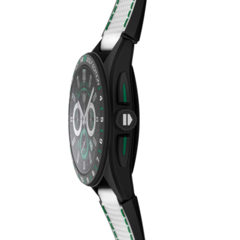 Side view of the TAG Heuer Connected Calibre E4 Golf Edition, a black sports watch with green accents and a white textured band.