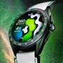 A close-up of the TAG Heuer Connected Calibre E4 Golf Edition smartwatch shows its ultra-light Grade 2 titanium bezel, displaying golf course graphics, full shot tracking, a driver distance of 360, and a score of 42.