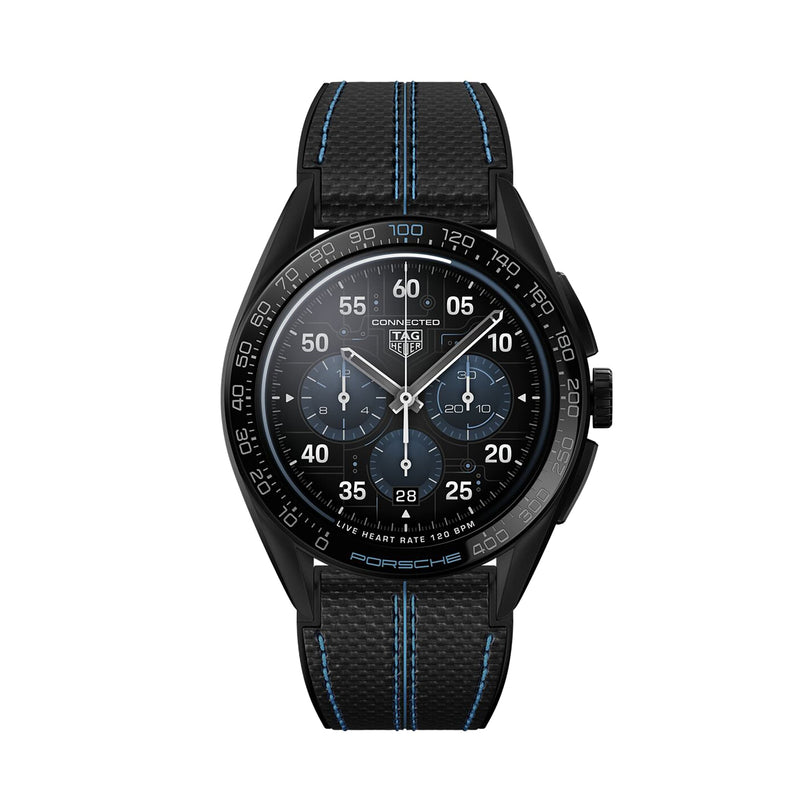 The TAG Heuer Connected Calibre E4 Porsche Edition is a luxury smartwatch with a black round face, blue accents, chronograph subdials, and a black strap with blue stitching, featuring the Porsche edition logo on the bezel.