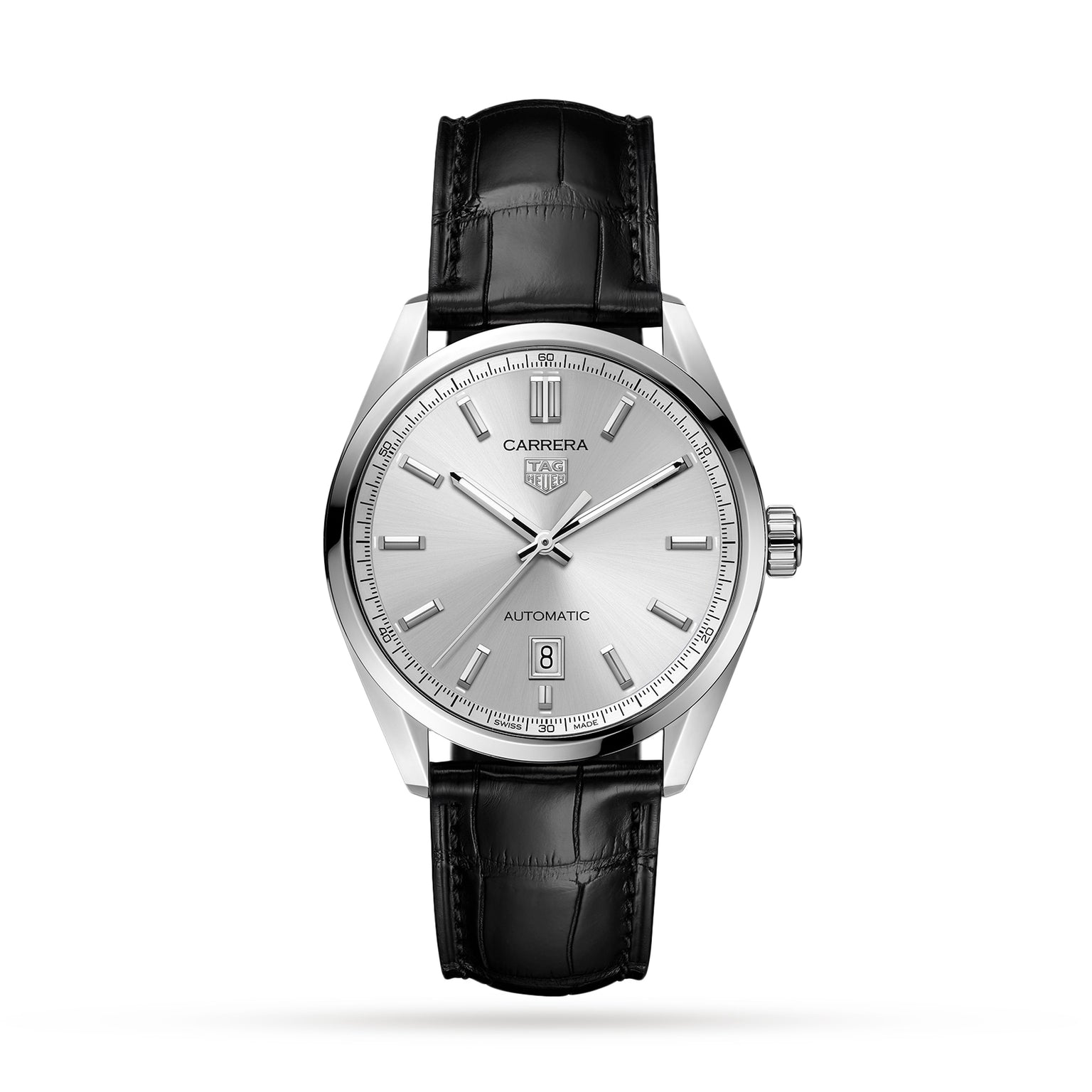 The TAG Heuer Carrera Date wristwatch features a 39mm steel case, automatic movement, silver dial with stick hour markers, date window at 6 o’clock, and a black leather strap, shown against a white background.