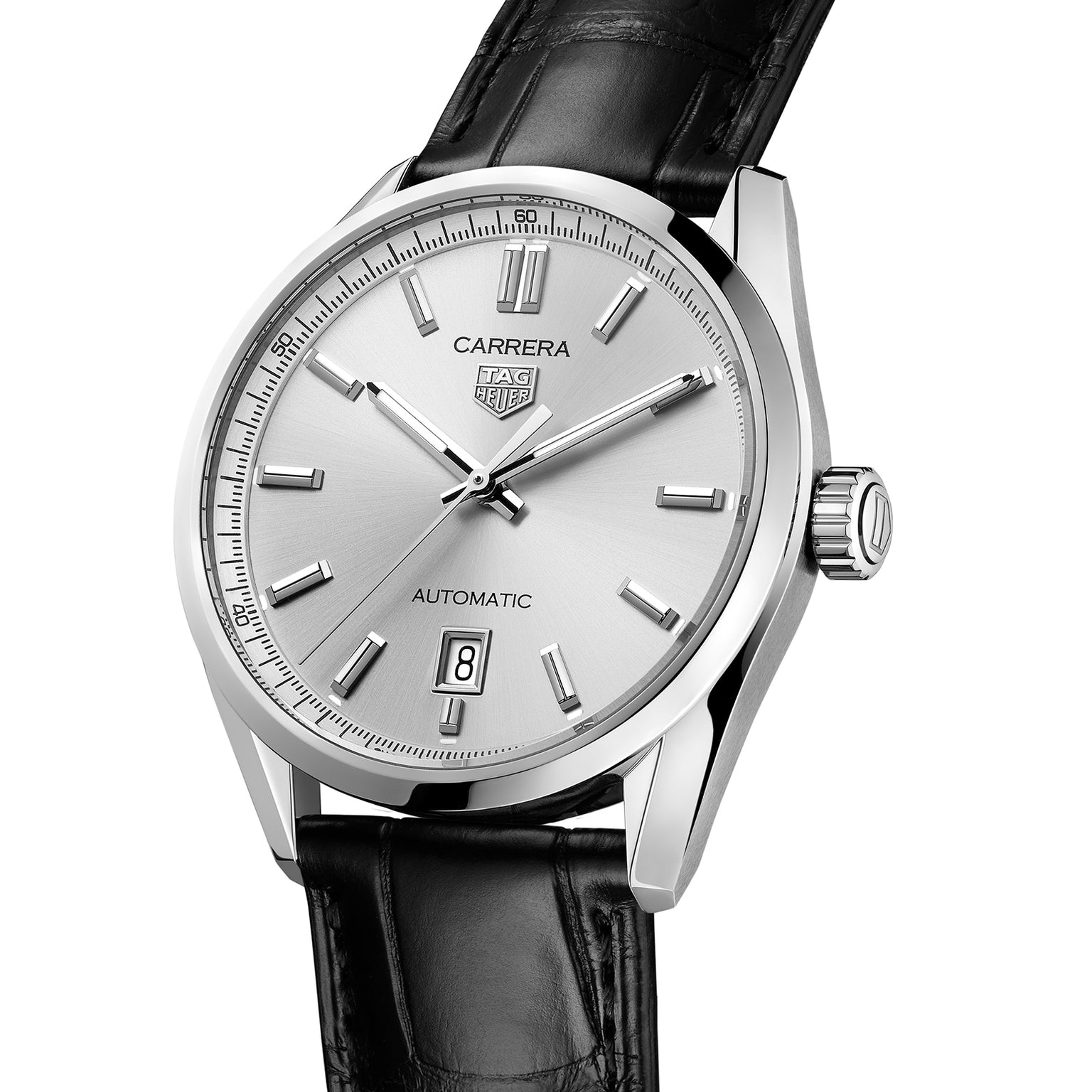 The TAG Heuer Carrera Date features a 39mm stainless steel case, date display at 6 o’clock, silver markers and hands, and a black leather strap.