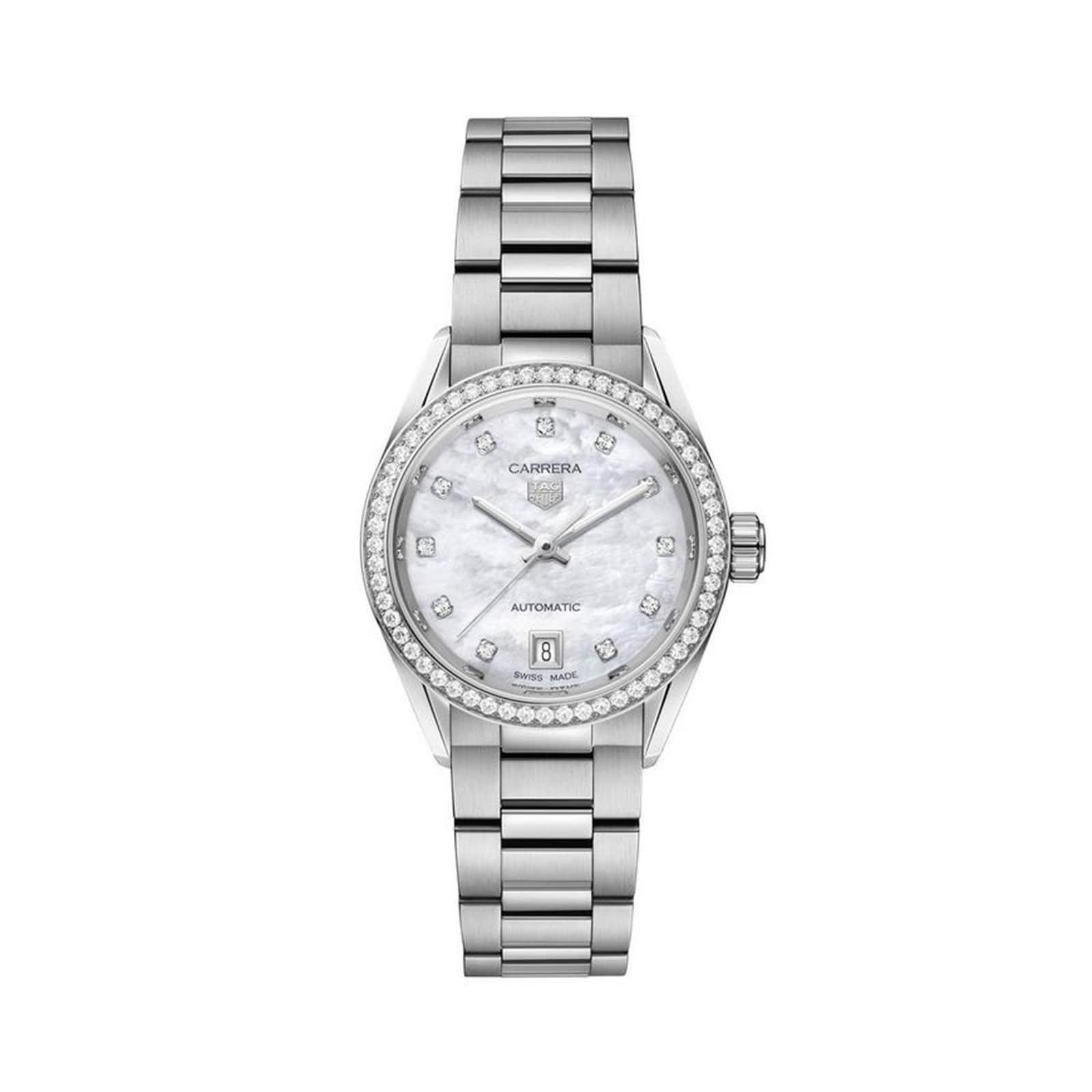 The TAG Heuer Carrera Date features a silver metal link band, diamond bezel, white mother-of-pearl dial with diamond hour markers, and a date display above 6 o’clock—reflecting timeless Carrera elegance.