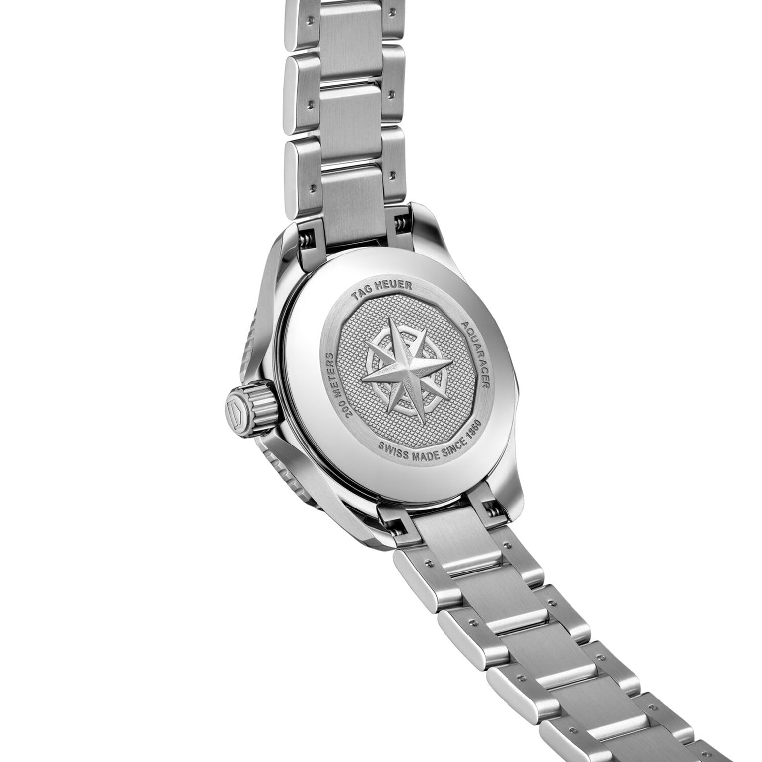 Back view of the TAG Heuer Aquaracer Professional 200, showcasing its stainless steel case, engraved compass rose case back, and polished metal bracelet links.