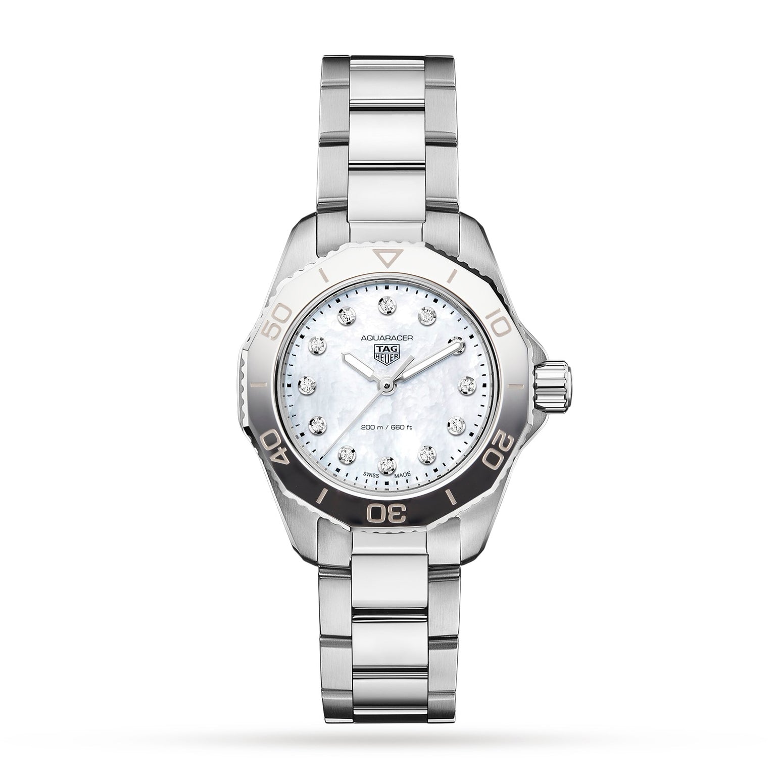 A TAG Heuer Aquaracer Professional 200 sports watch with a stainless steel case, white dial, diamond hour markers, and silver bezel is displayed on a plain white background.