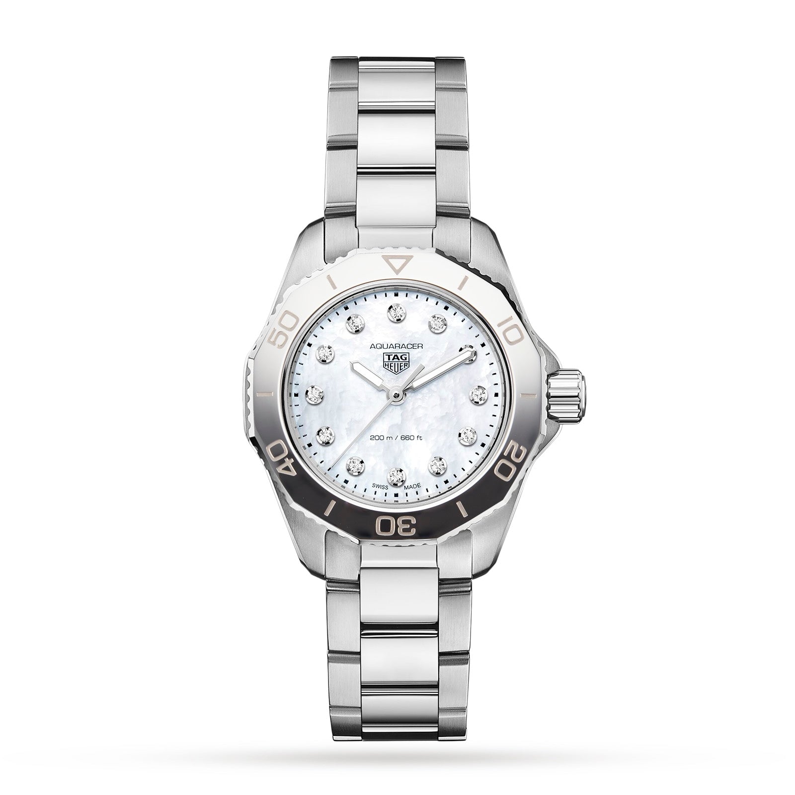 A TAG Heuer Aquaracer Professional 200 sports watch with a stainless steel case, white dial, diamond hour markers, and silver bezel is displayed on a plain white background.