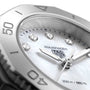 Close-up of the TAG Heuer Aquaracer Professional 200 sports watch face featuring diamond hour markers, a white dial, and a silver bezel with 40- and 50-minute markers, set in a polished stainless steel case.