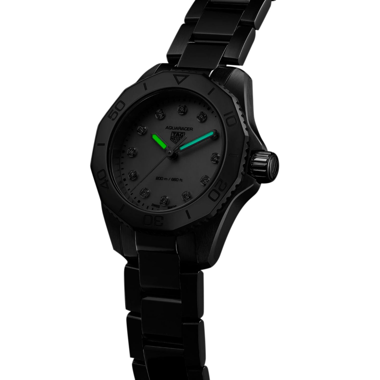 The TAG Heuer Aquaracer Professional 200 sports watch features a black dial and band, green and blue luminous hands, and a durable stainless steel case, shown here against a white background.