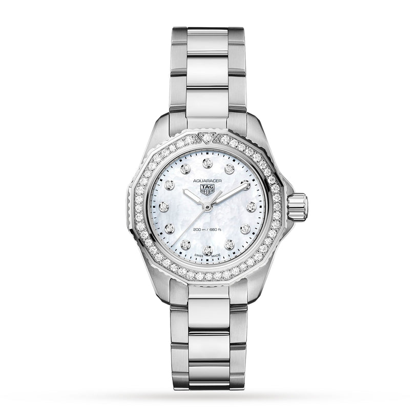 The TAG Heuer Aquaracer Professional 200 sports watch features a silver metal link bracelet, diamond bezel, and mother-of-pearl dial, displayed against a white background.