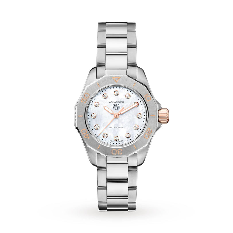 The TAG Heuer Aquaracer Professional 200 wristwatch features a stainless steel case, mother-of-pearl dial, diamond hour markers, and rose gold accents on the bezel and crown, set against a white background.