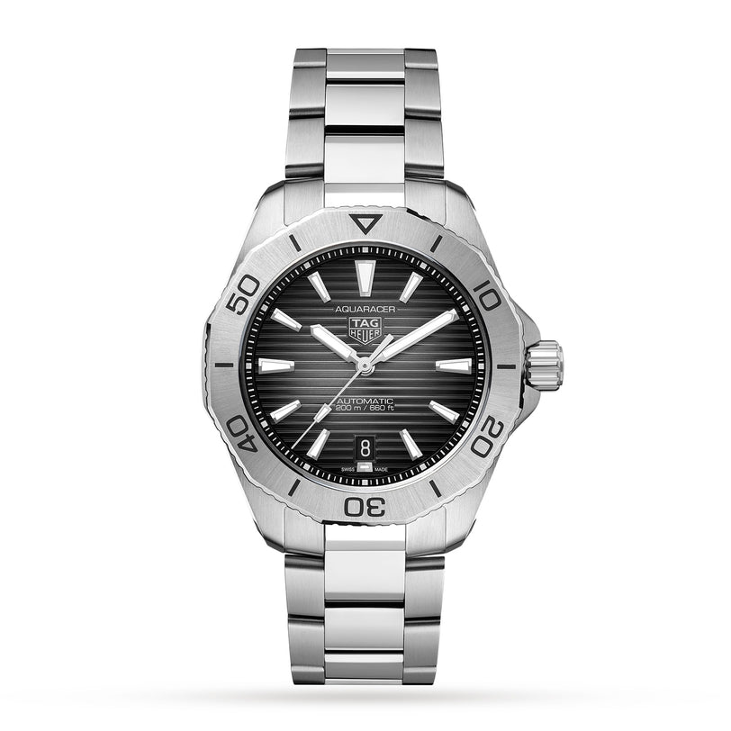 The TAG Heuer Aquaracer Professional 200 Date is a stainless steel wristwatch featuring a black dial, bold hour markers, automatic Calibre 5 movement, and a date window at 6 o’clock, displayed against a white background.