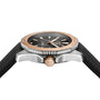 A close-up side view of the TAG Heuer Aquaracer Professional 200 showcases its black strap, silver case, and rose gold bezel and crown. The dark dial features metallic markers and hands, driven by a calibre 5 automatic movement.