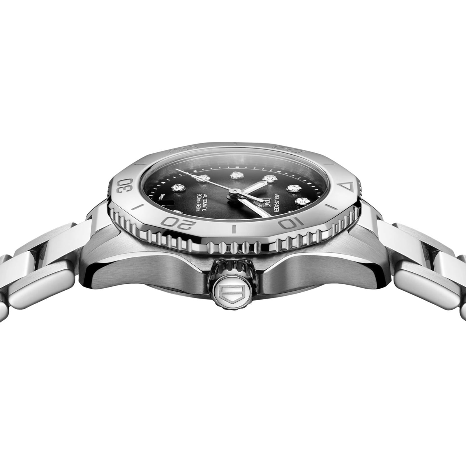 Side view of the TAG Heuer Aquaracer Professional 200 Date, showcasing a stainless steel case, black mother-of-pearl dial with diamond markers, rotating bezel and crown, paired with a stylish link bracelet.
