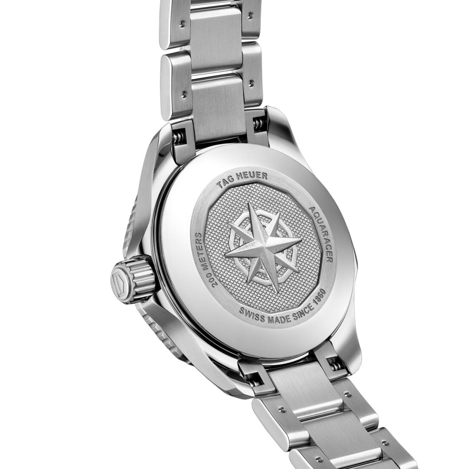Close-up of a TAG Heuer Aquaracer Professional 200 Date watch back featuring a compass motif and engraved brand details on its metal bracelet.