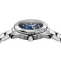 Side view of a TAG Heuer Aquaracer Professional 200 Date sports watch in silver with blue dial, diamond hour markers, stainless steel case, and metal bracelet shown against a white background.
