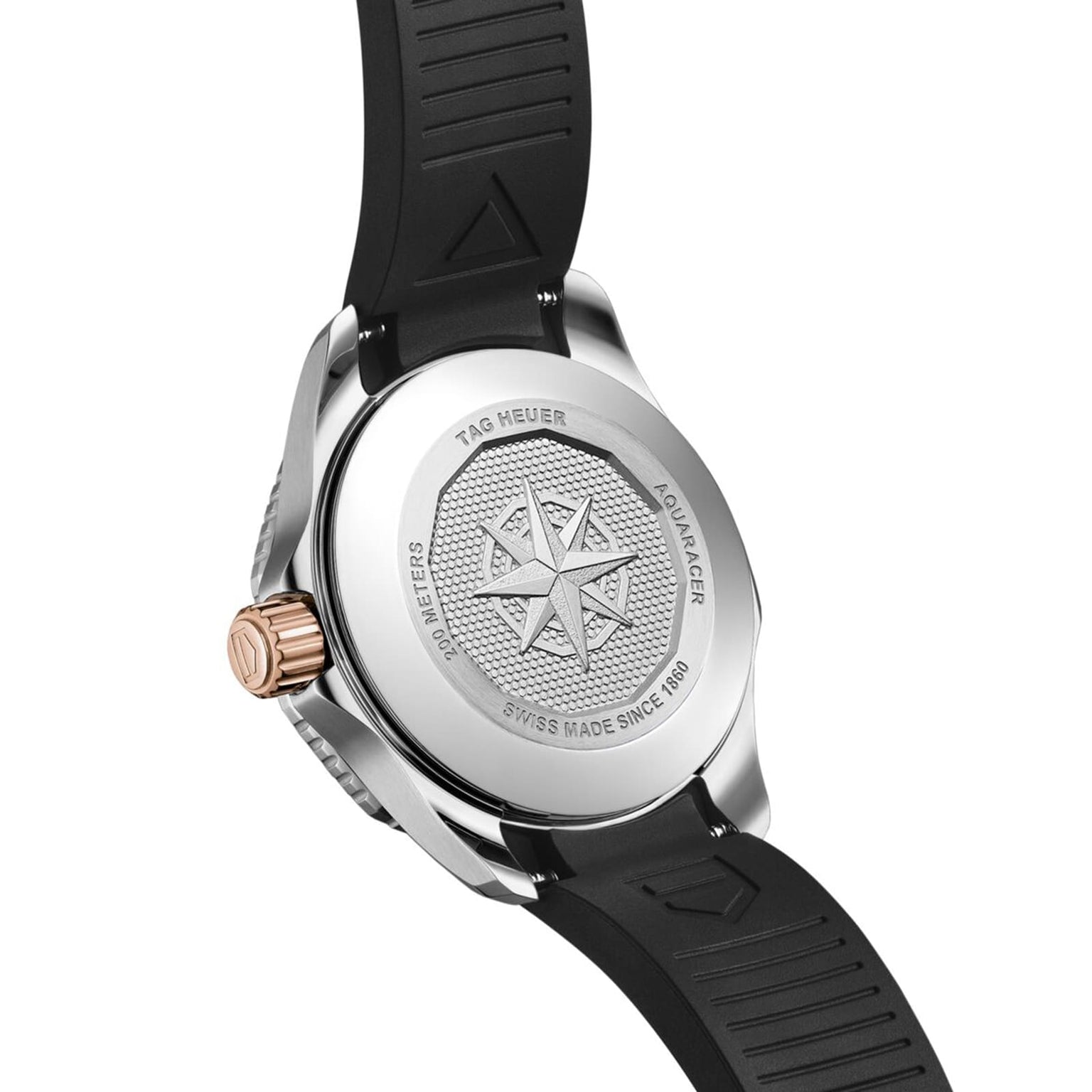 The back of the TAG Heuer Aquaracer Professional 200 Date, featuring a black rubber strap, displays an engraved compass rose along with water resistance specs and Swiss origin details.
