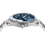 Side view of the TAG Heuer Aquaracer Professional 300 GMT sports watch with a stainless steel case, blue dial, white bezel, and silver bracelet, highlighting distinctive crown and case details.