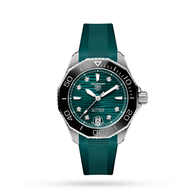 The TAG Heuer Aquaracer Professional 300 Date, featuring a green textured dial with diamond hour markers, black bezel, and green rubber strap, is displayed against a white background.