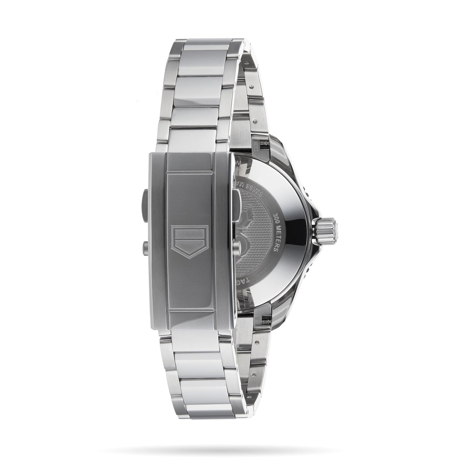 Back view of the TAG Heuer Aquaracer Professional 300 Date, featuring a stainless steel case and bracelet with detailed clasp and engraved case back.