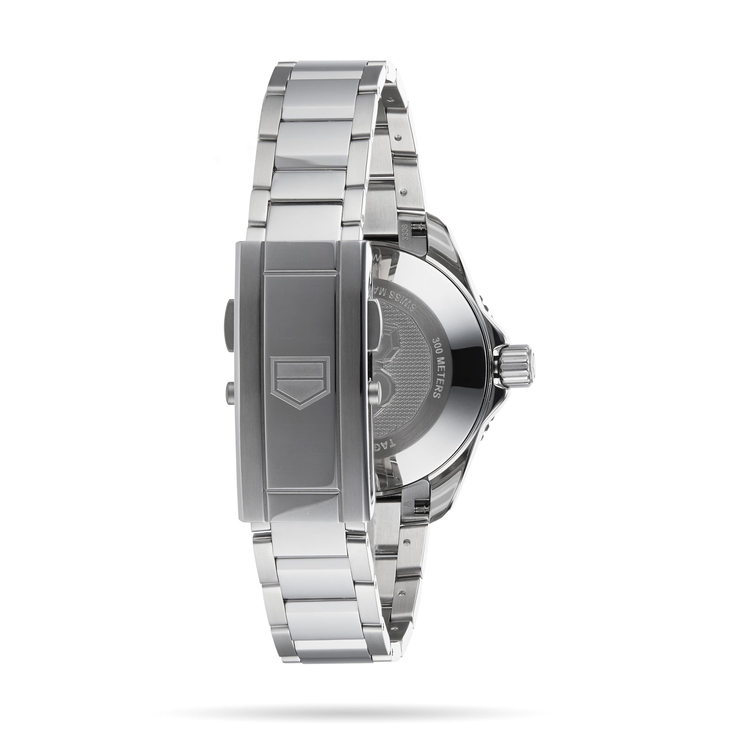 Back view of the TAG Heuer Aquaracer Professional 300 Date, featuring a stainless steel case and bracelet with detailed clasp and engraved case back.