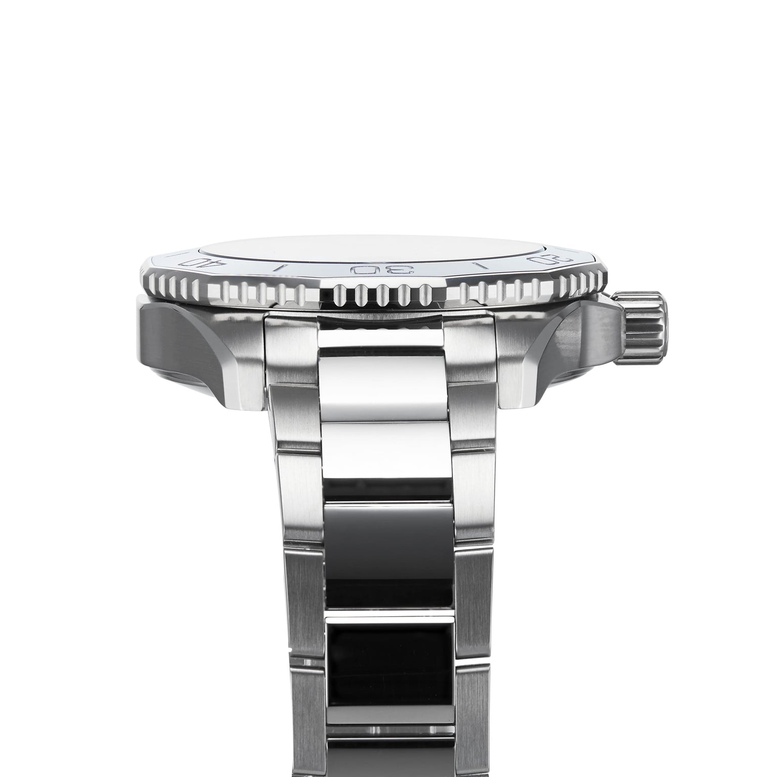 Close-up side view of the TAG Heuer Aquaracer Professional 300 Date, showcasing its stainless steel case, bezel, crown, and a portion of the metal bracelet.