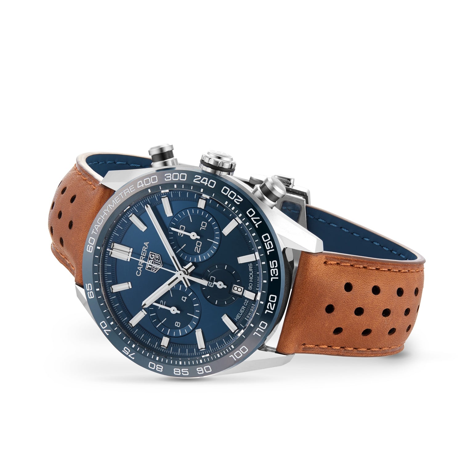 The TAG Heuer Carrera Chronograph features a blue dial, three subdials, tachymeter bezel, brown perforated leather strap, and calibre 02 automatic movement inspired by the brand’s motor-racing heritage.