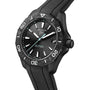 The TAG Heuer Aquaracer Professional 200 Solargraph features a textured bezel, black dial with white markers, solar-powered movement, date display at 3 o’clock, and a black rubber strap.