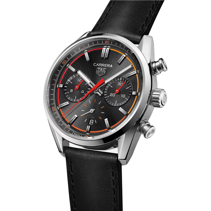 The TAG Heuer Carrera Chronograph boasts a black dial, Calibre HEUER 02 movement, black leather strap, silver case, and bold red and orange accents.
