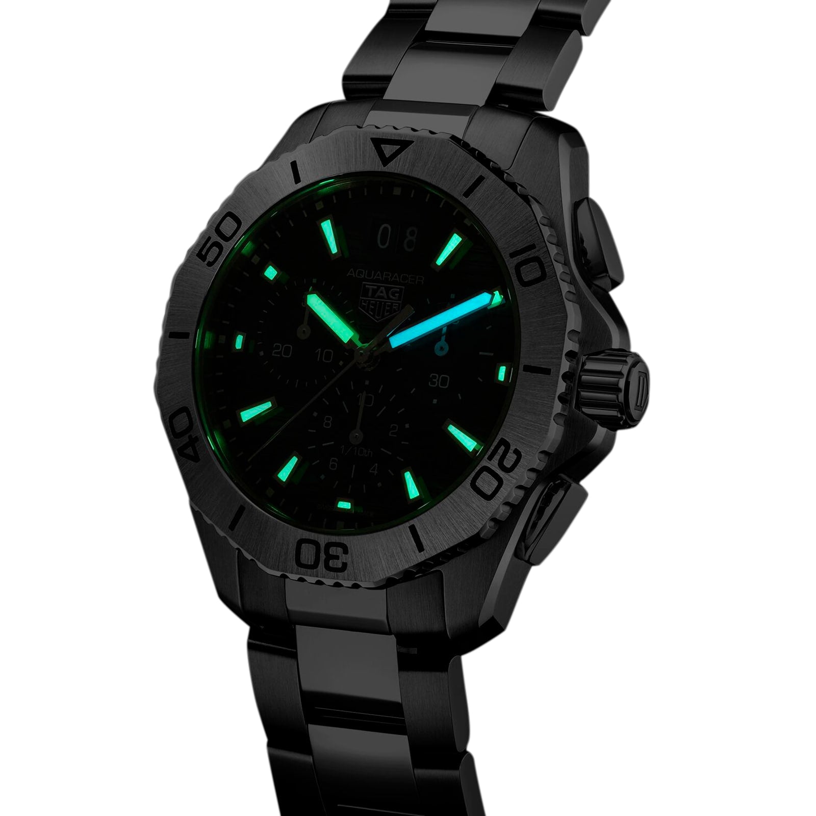The TAG Heuer Aquaracer Professional 200 Chronograph features glowing green hour markers and a blue glowing minute hand in the dark.