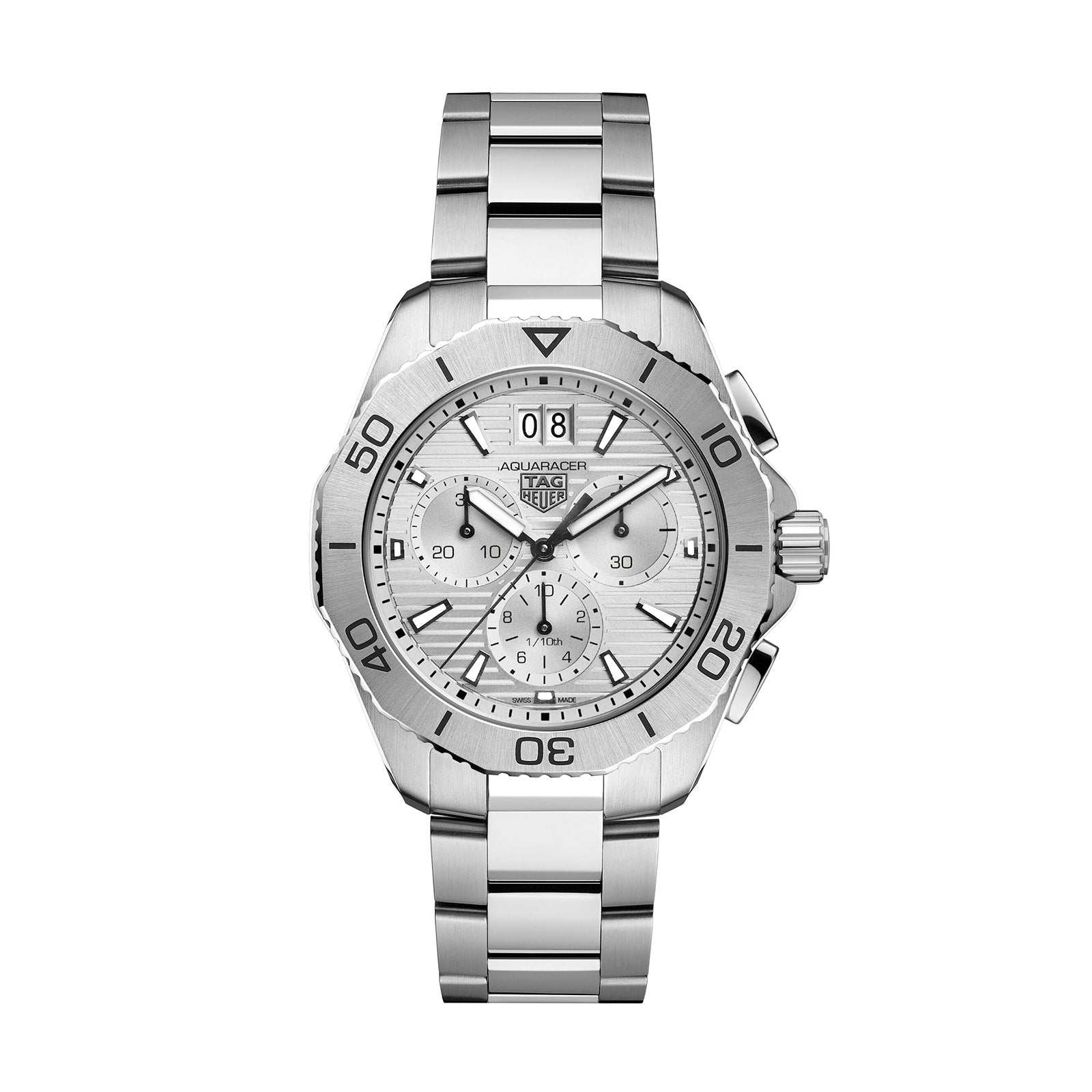The TAG Heuer Aquaracer Professional 200 Chronograph sports watch features a stainless steel band, rotating bezel, and three subdials on a silver face—precision-engineered for high performance.