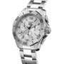 The TAG Heuer Aquaracer Professional 200 Chronograph is a stainless steel sports watch with a silver dial, three subdials, date window, and rotating bezel—designed for high-performance precision and style.