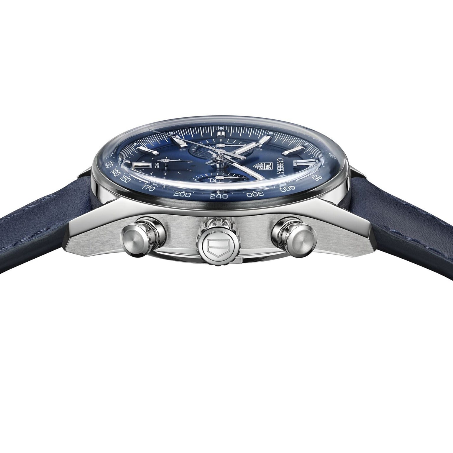 A close-up side view of the TAG Heuer Carrera Chronograph, featuring a blue leather strap, blue dial, Calibre TH20-00 movement, and three control buttons on the side.