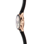 Side view of the TAG Heuer Connected Calibre E4 Golden Bright Edition featuring a rose gold case, white dial with black chronograph subdials, and a black leather strap with visible stitching.