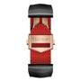 A black and red leather watch strap with a rose gold TAG Heuer clasp, designed for the Connected Calibre E4 Golden Bright Edition, shown from beneath on a white background—a must-have for any luxury watch enthusiast.
